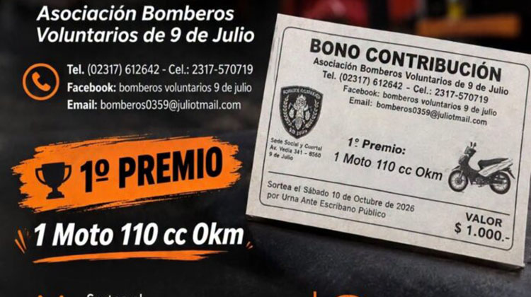 Bomberos Voluntarios de 9 de Julio lanz&oacute; un bono contribuci&oacute;n con una moto 0 km como premio